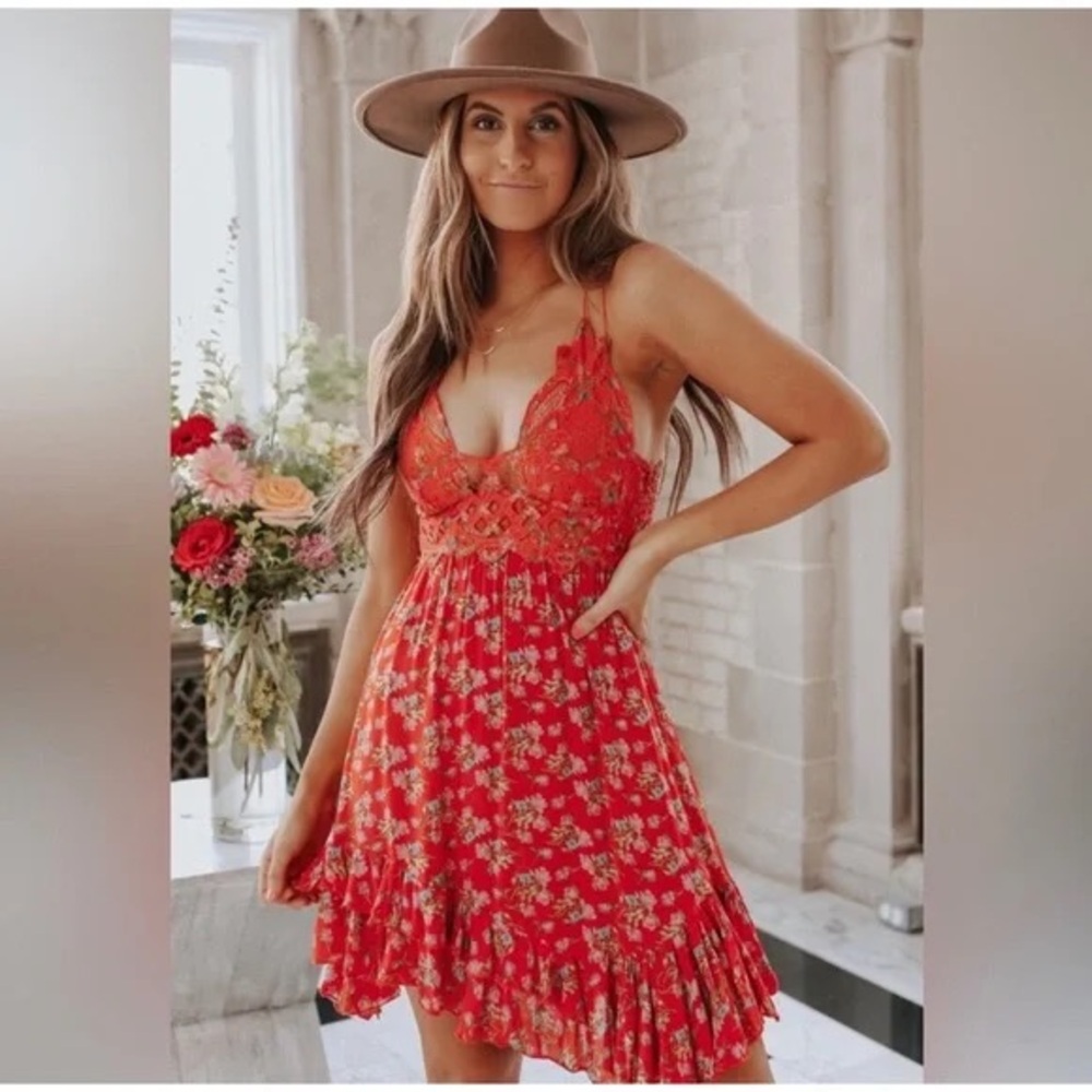 Free People Adella floral printed slip mini dress, featuring a lace bodice Small